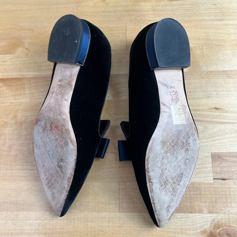 Tory Burch Loafers Gigi Navy Blue Velvet Bow Pointed Toe Slip On Flats Shoes 7.5